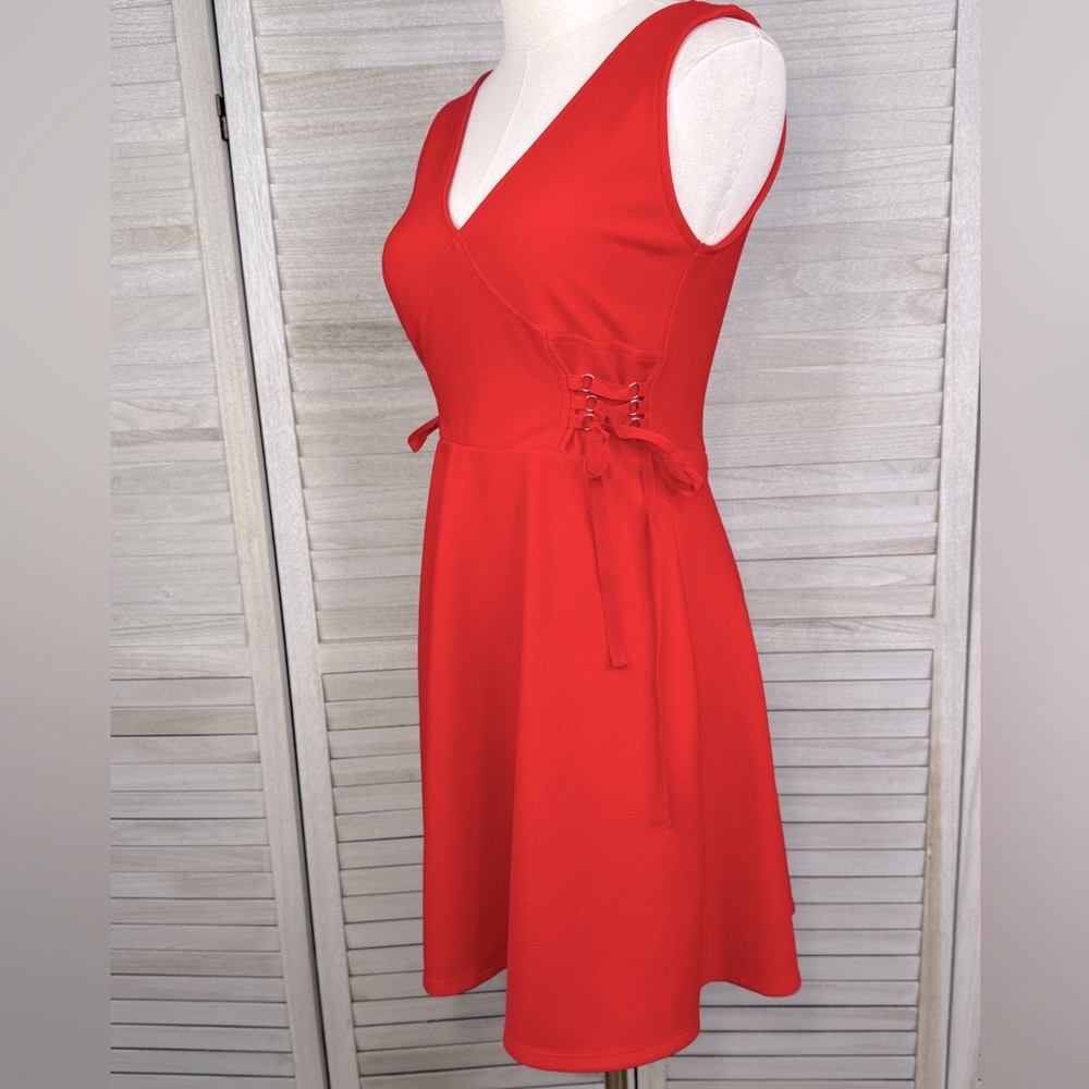 XHILARATION Fit & Flare Mini Dress with Laced Sides Red-XS - Picture 2 of 4